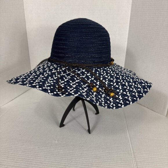 Fashion Hat Wide Brim Woven Sun Hat Beaded String Band Blue NWT 9039 - Picture 14 of 16
